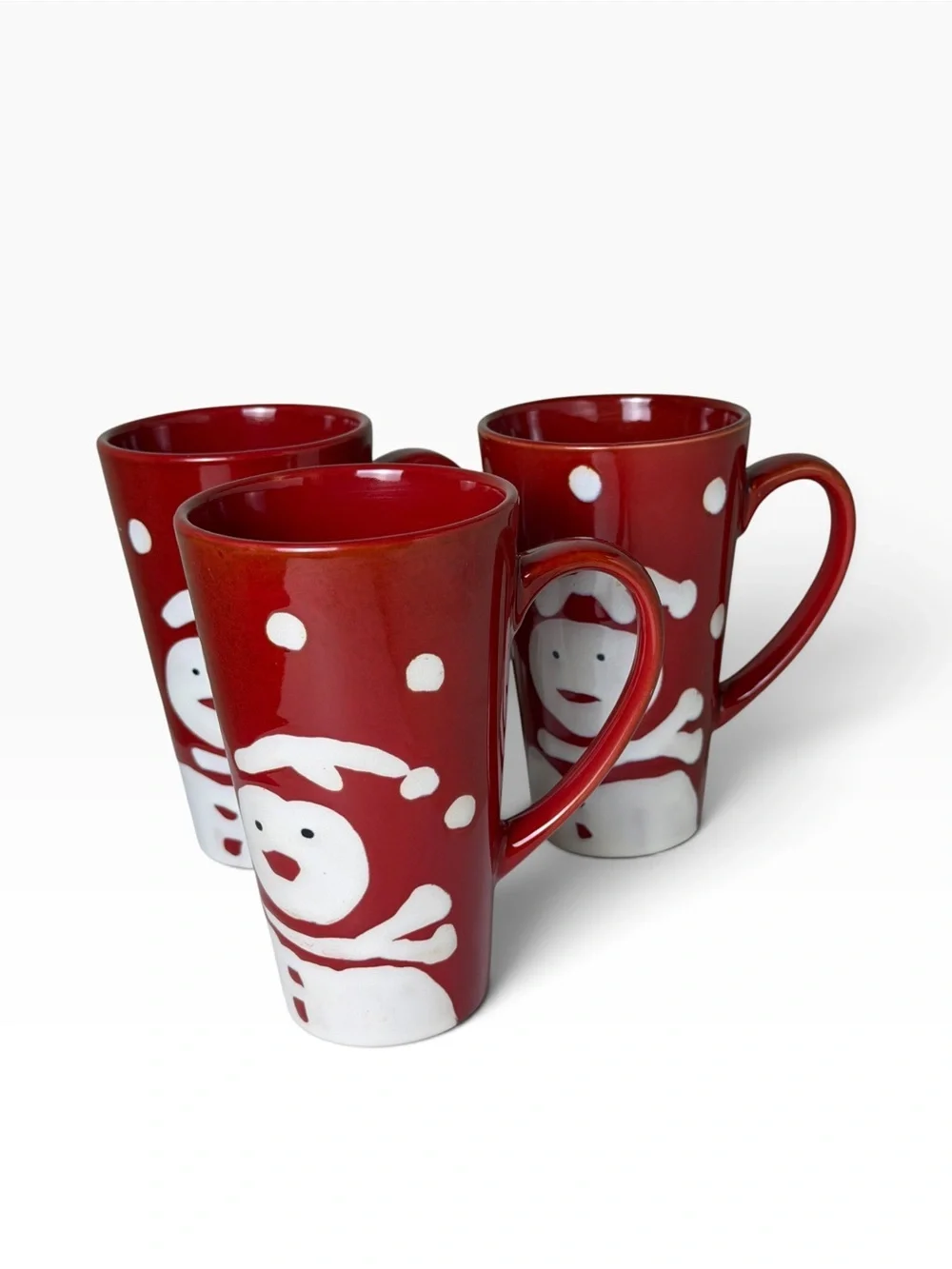 Pier 1 Snowman Christmas Mugs Set of 3 Hand Painted Red Holiday Stoneware